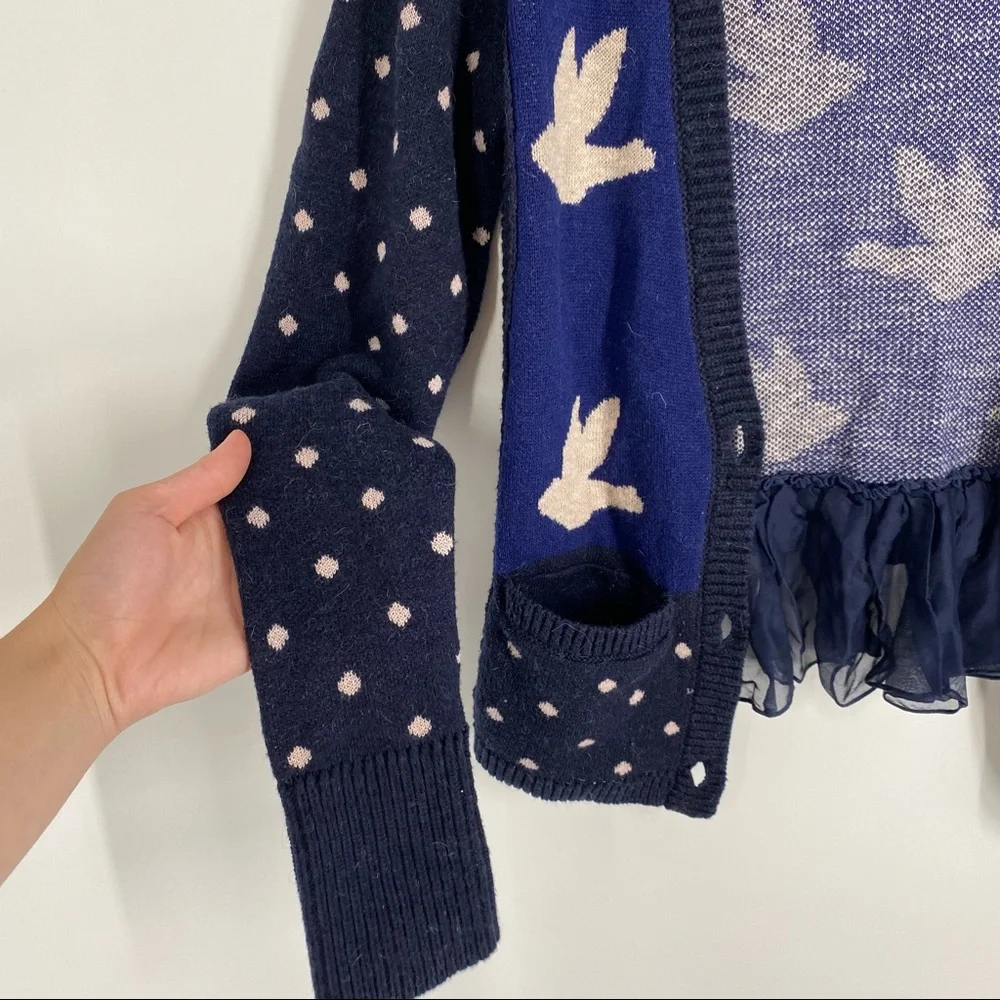 Anthropologie Leifnotes Blue Ruffled Flight Bird Button Front Sweater Cardigan - Picture 4 of 8
